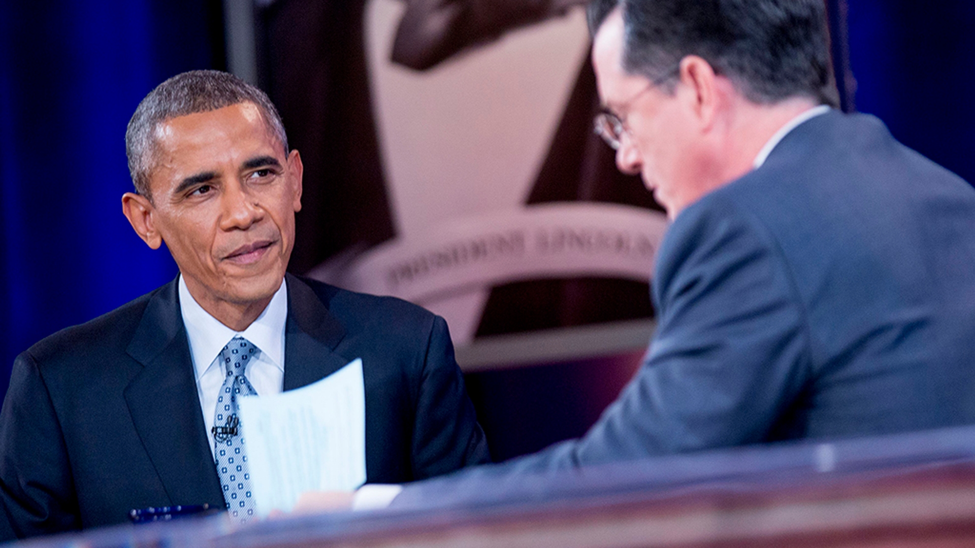 President Obama Tapes An Interview For The Colbert Report with Stephen Colbert